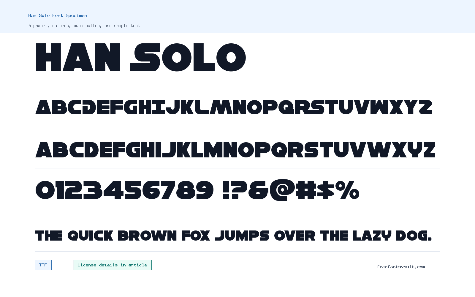 Han Solo font specimen showing alphabet, numbers, and sample text