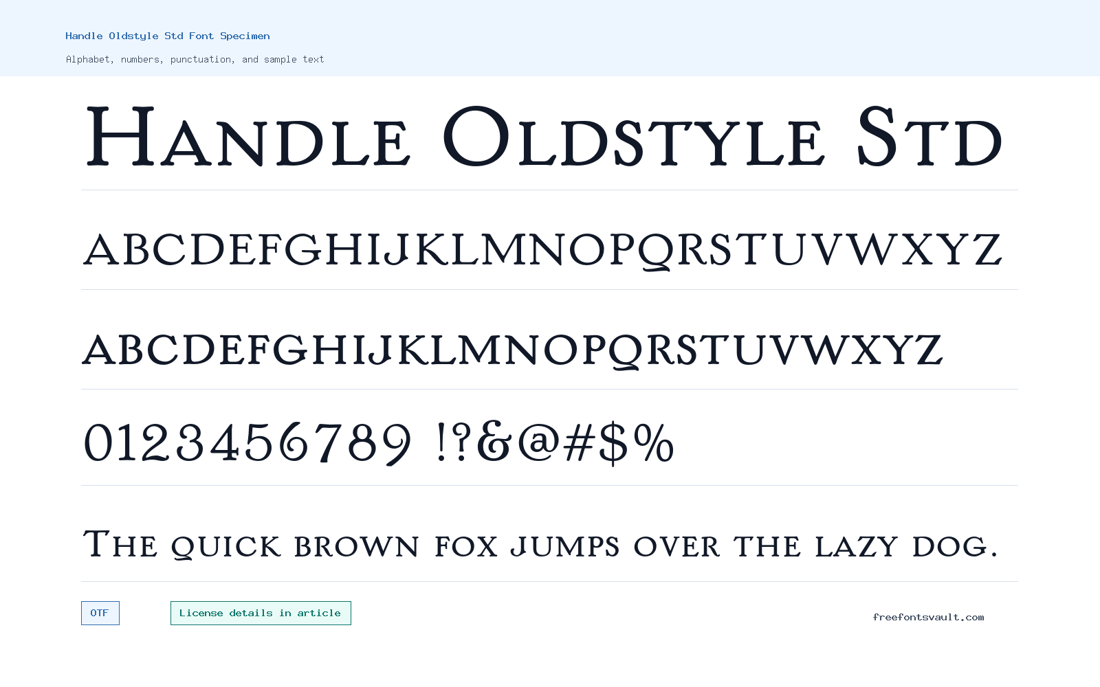 Handle Oldstyle Std font specimen showing alphabet, numbers, and sample text