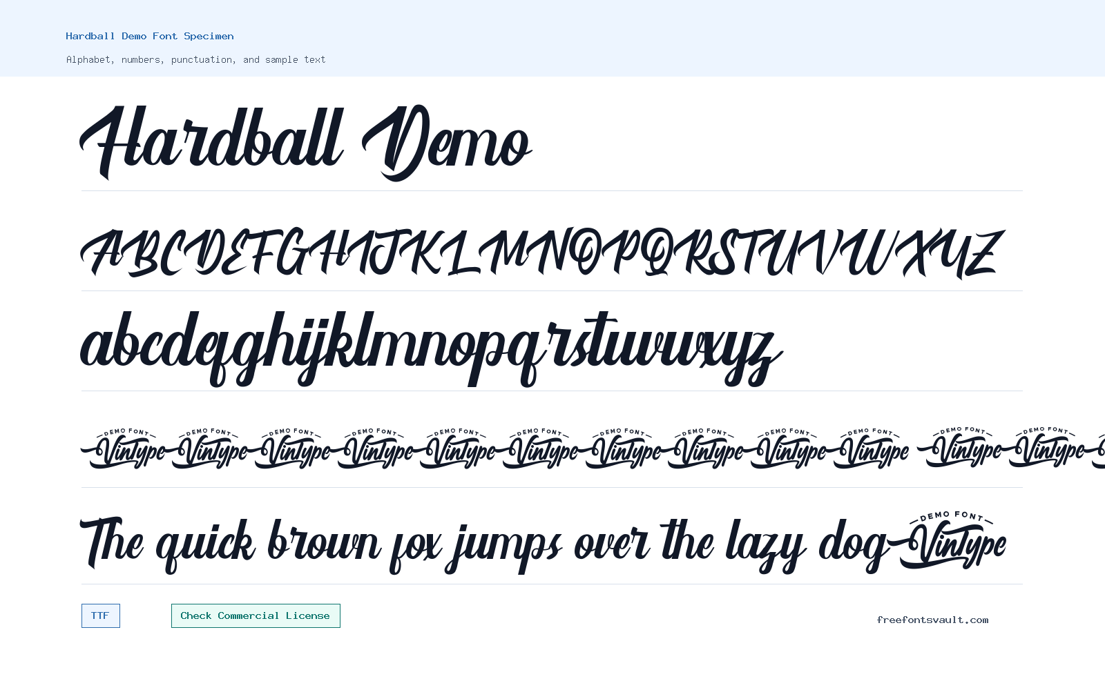 Hardball Demo font specimen showing alphabet, numbers, and sample text