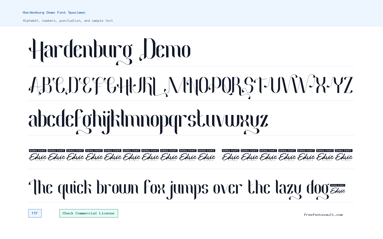 Hardenburg Demo font specimen showing alphabet, numbers, and sample text