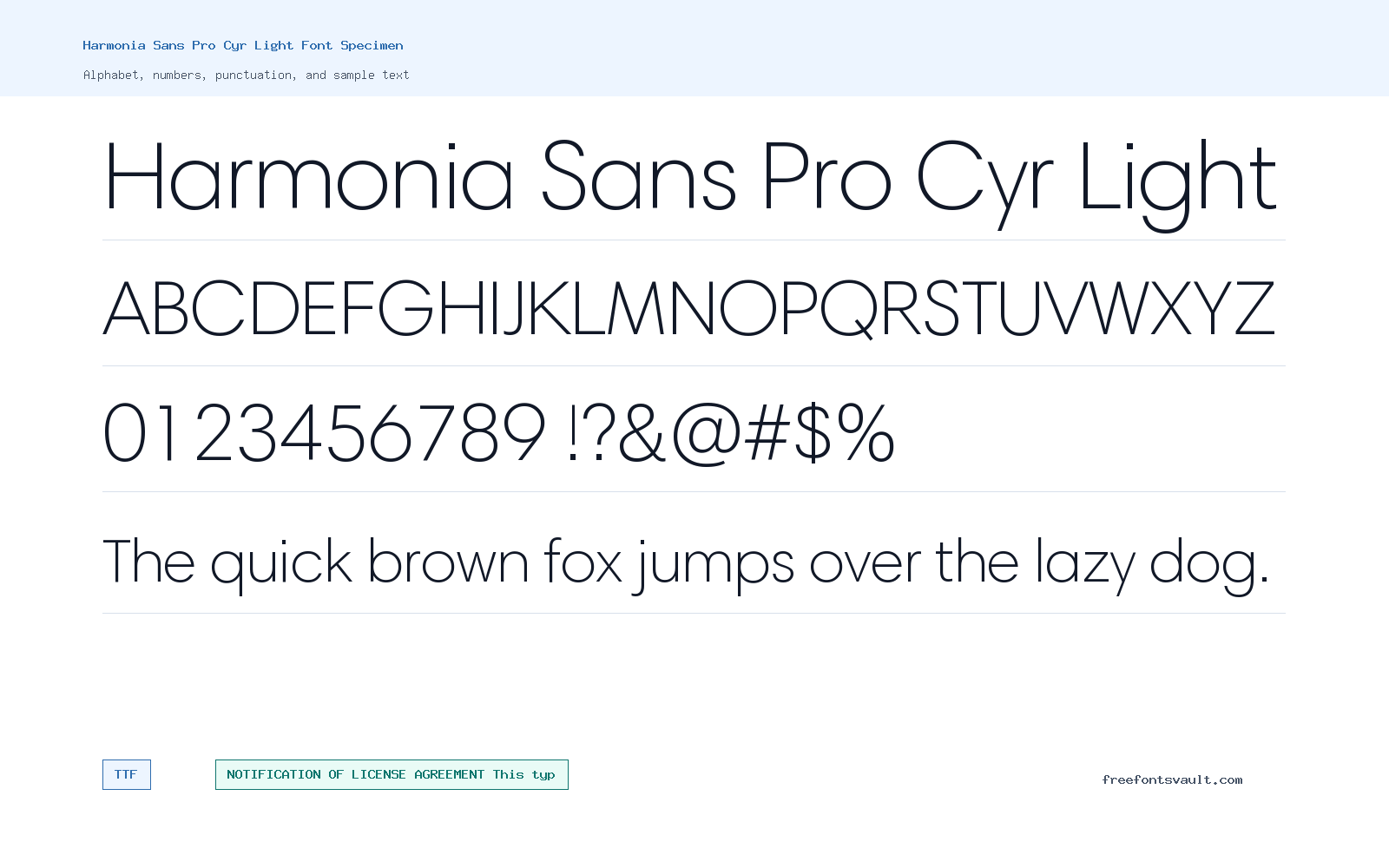 Harmonia Sans Pro Cyr Light font specimen showing alphabet, numbers, and sample text