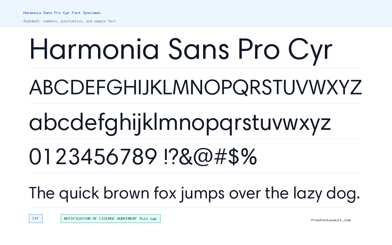 Harmonia Sans Pro Cyr font specimen showing alphabet, numbers, and sample text