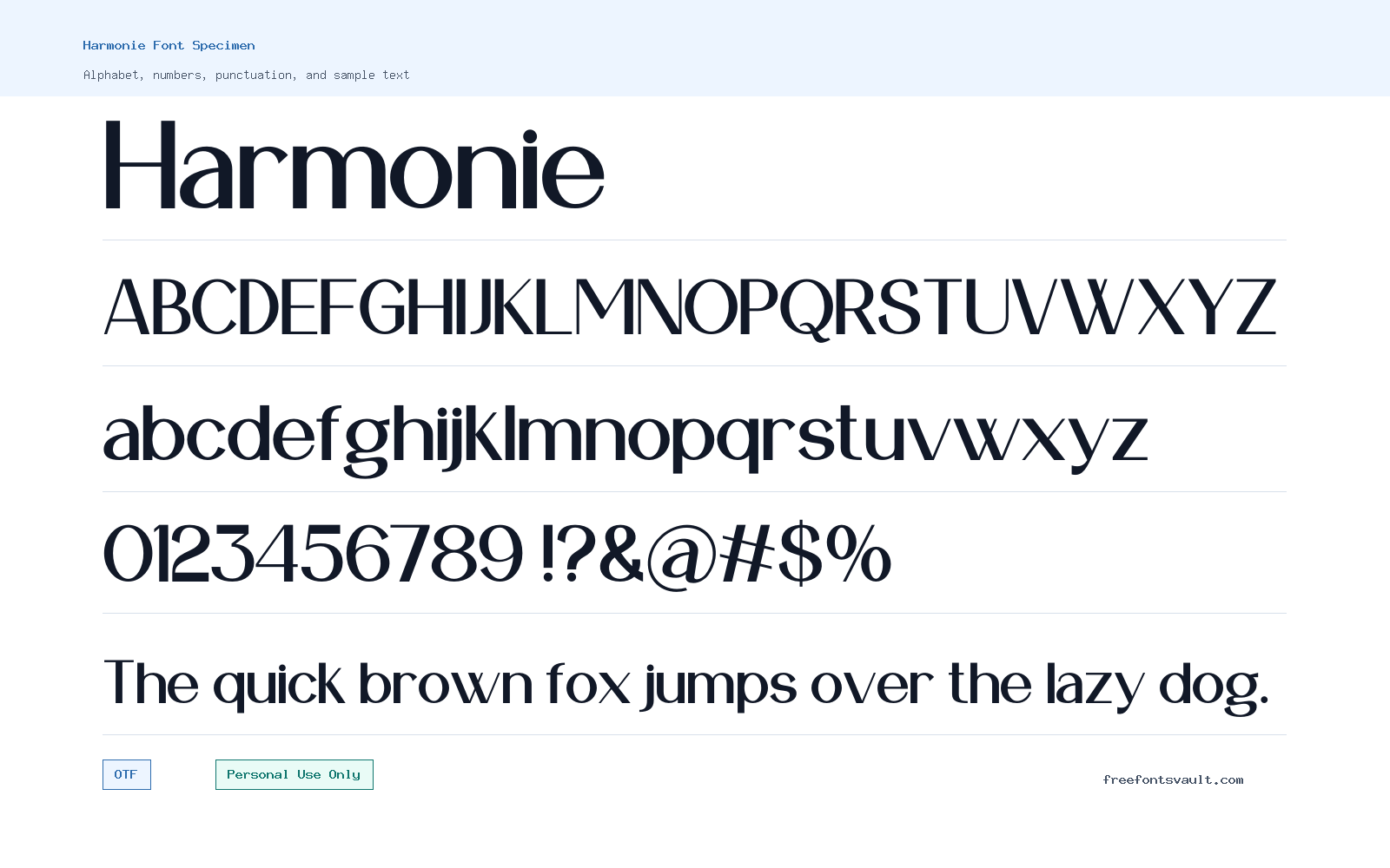 Harmonie font specimen showing alphabet, numbers, and sample text