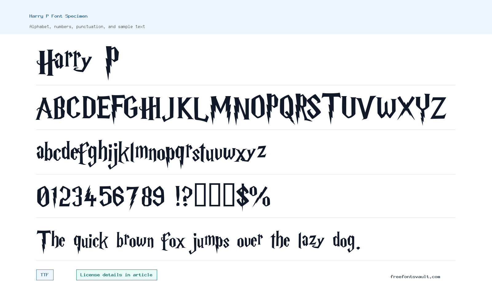 Harry P font specimen showing alphabet, numbers, and sample text