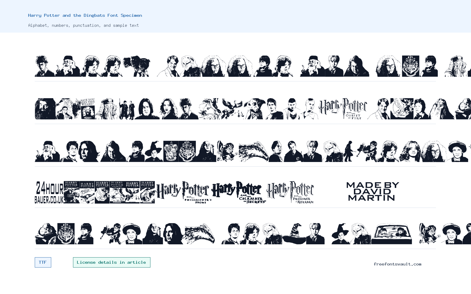 Harry Potter and the Dingbats font specimen showing alphabet, numbers, and sample text