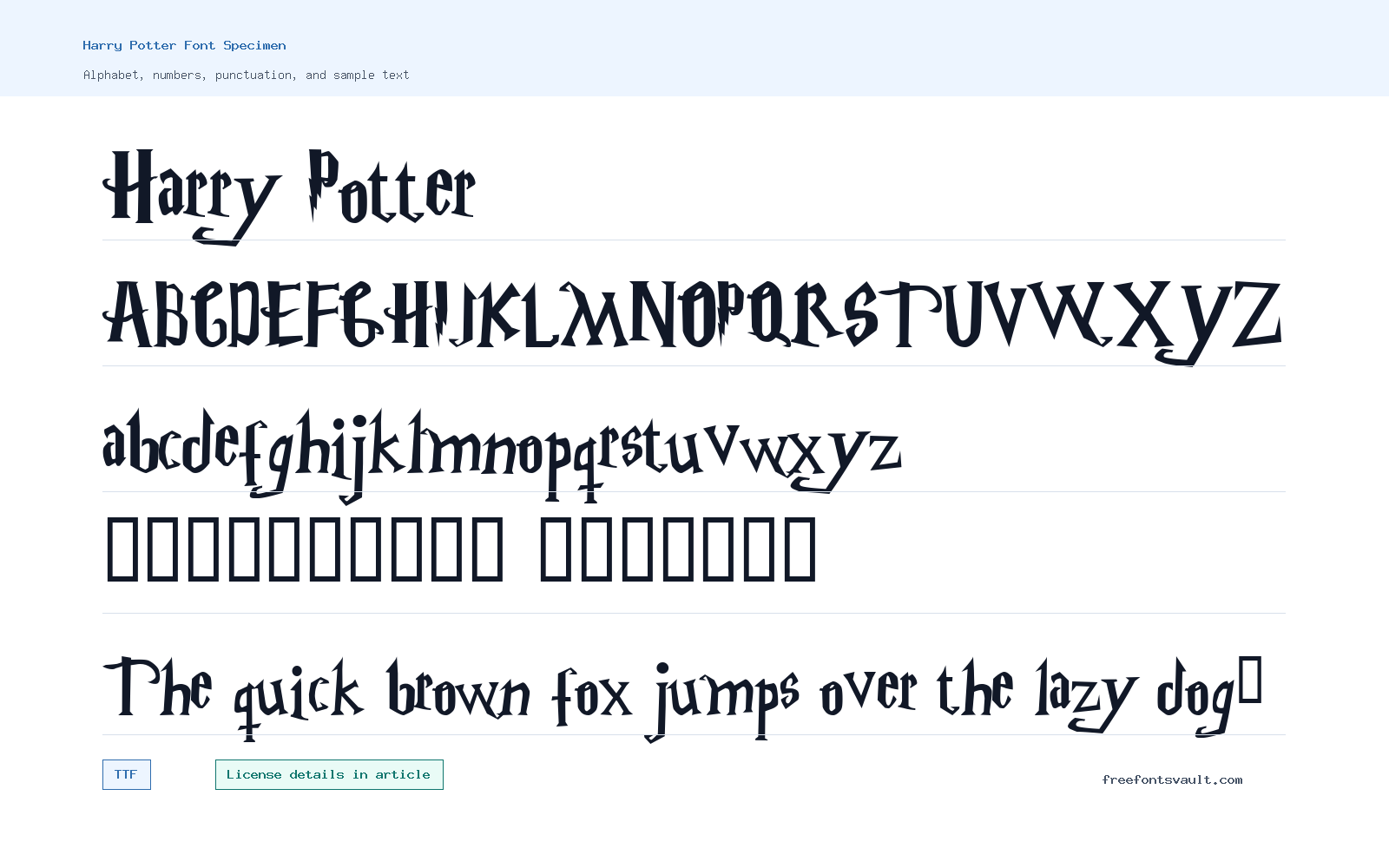 Harry Potter font specimen showing alphabet, numbers, and sample text