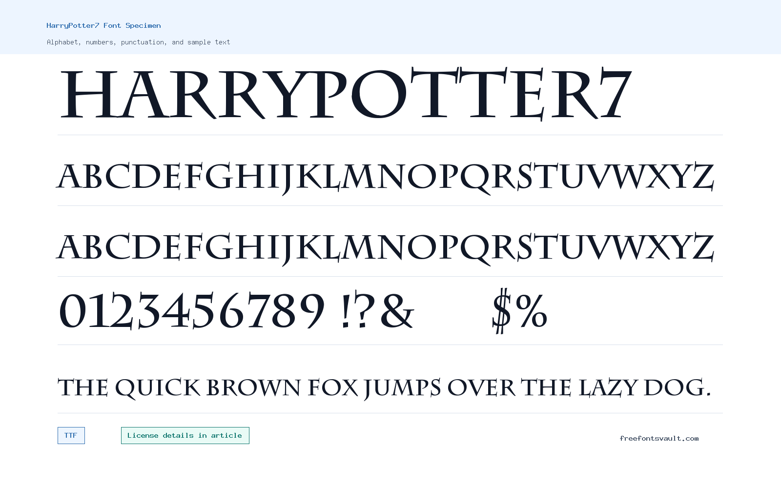 HarryPotter7 font specimen showing alphabet, numbers, and sample text