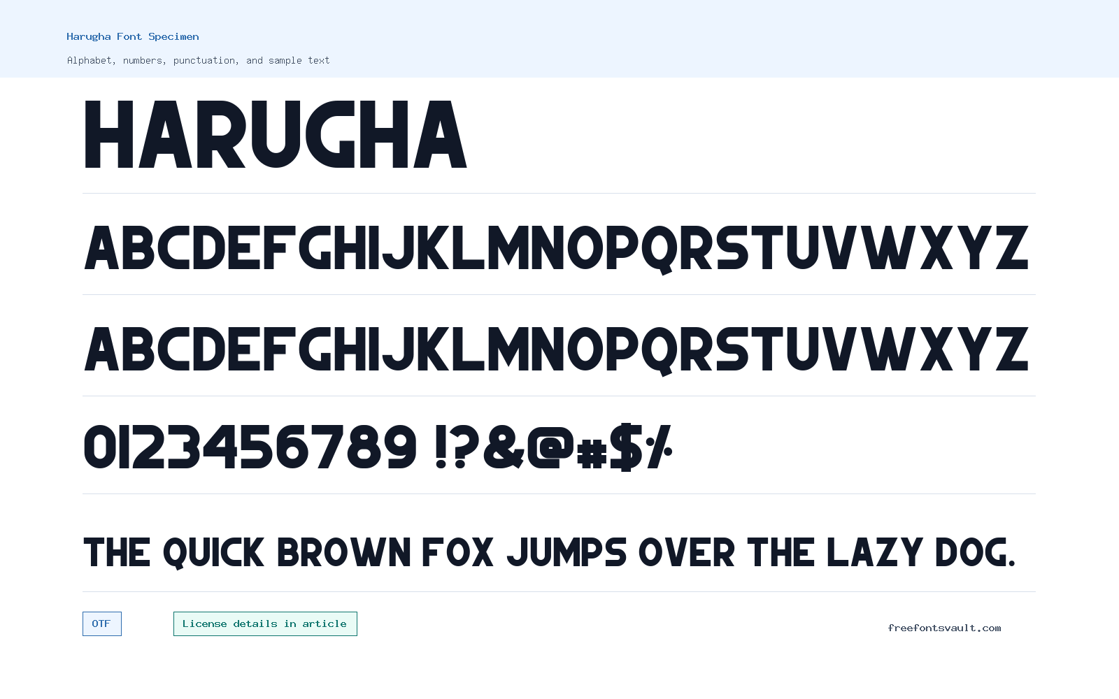Harugha font specimen showing alphabet, numbers, and sample text