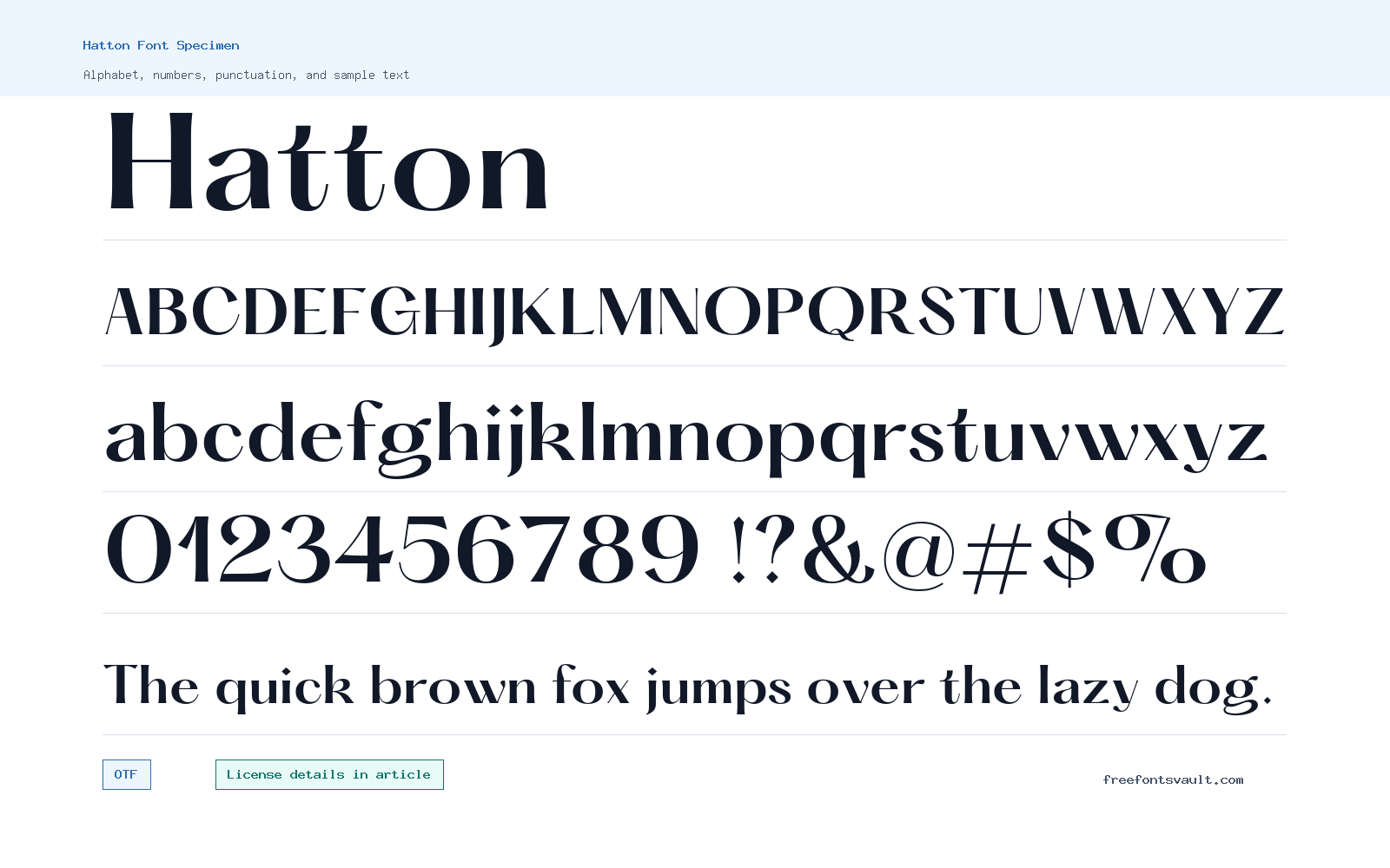 Hatton font specimen showing alphabet, numbers, and sample text