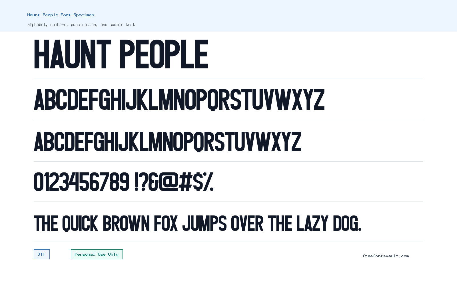 Haunt People font specimen showing alphabet, numbers, and sample text