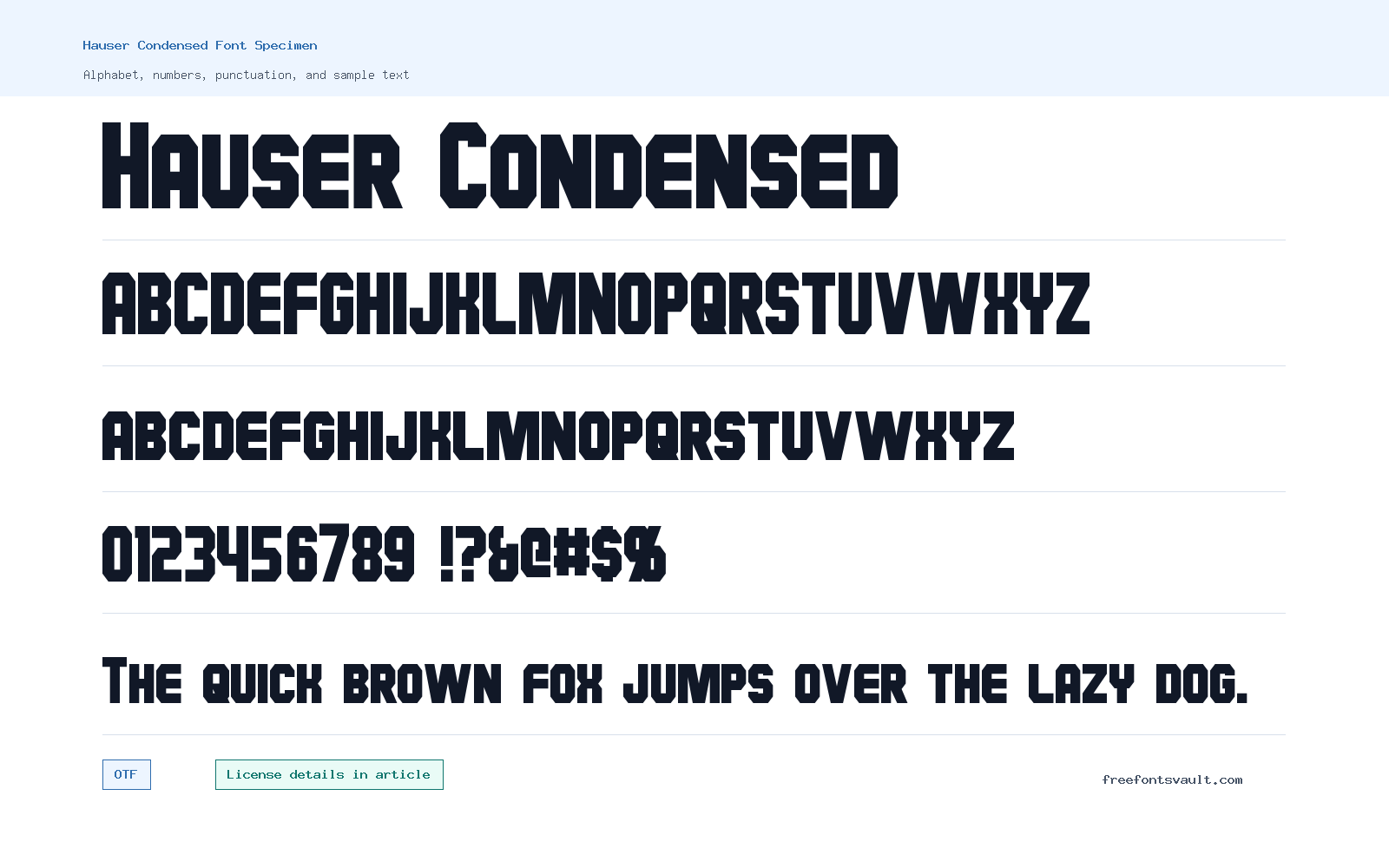 Hauser Condensed font specimen showing alphabet, numbers, and sample text