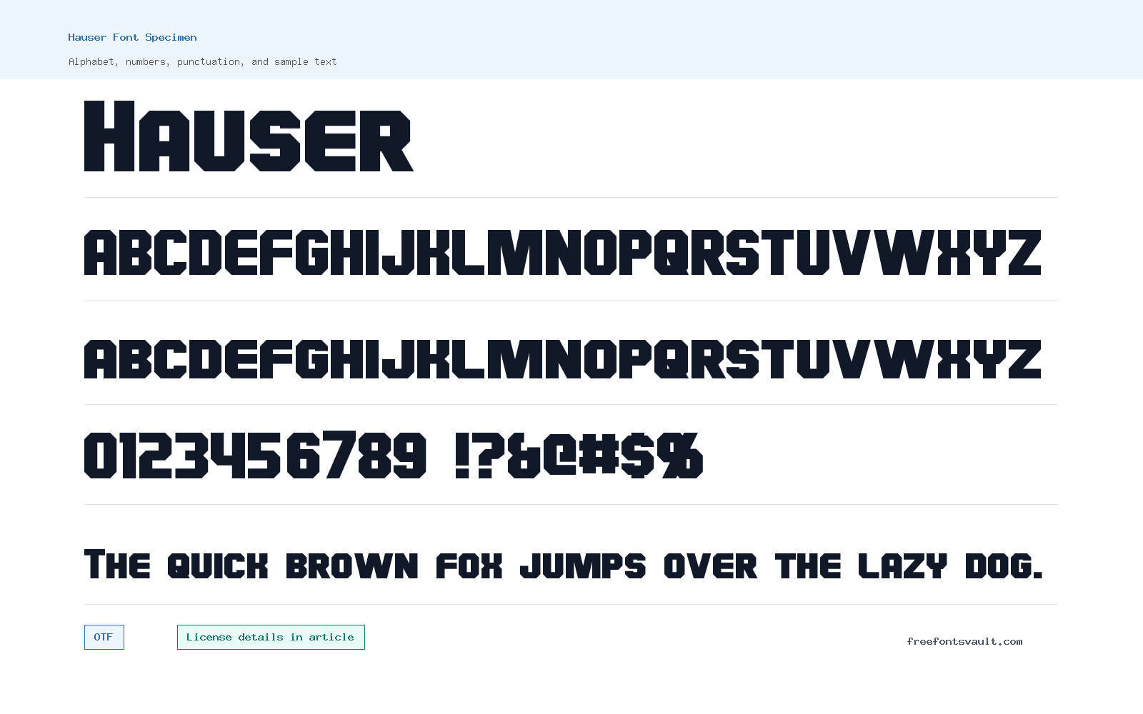 Hauser font specimen showing alphabet, numbers, and sample text