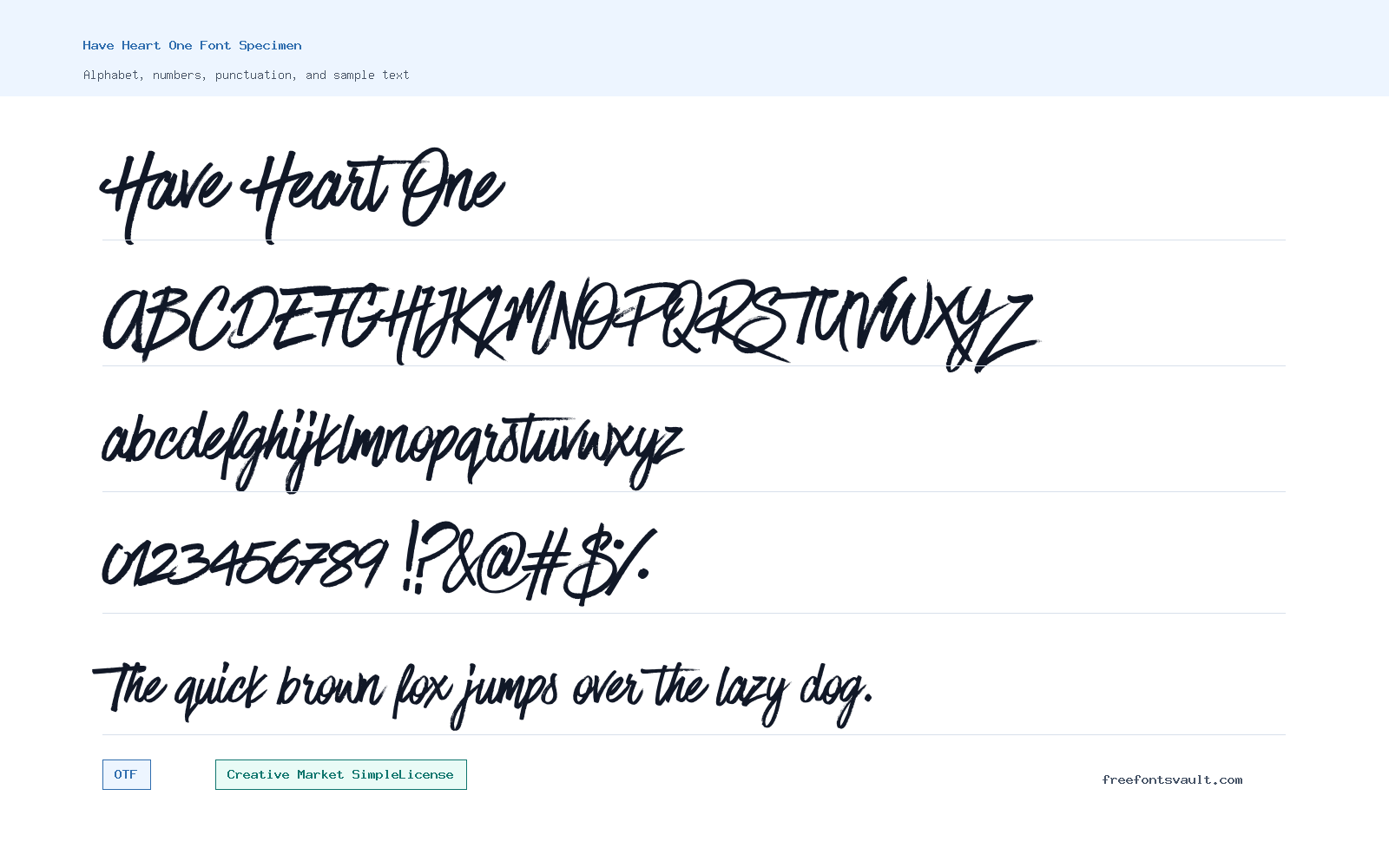 Have Heart One font specimen showing alphabet, numbers, and sample text