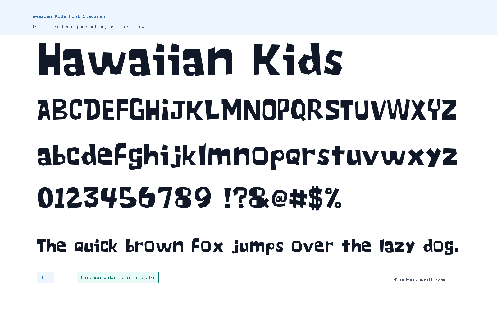 Hawaiian Kids font specimen showing alphabet, numbers, and sample text