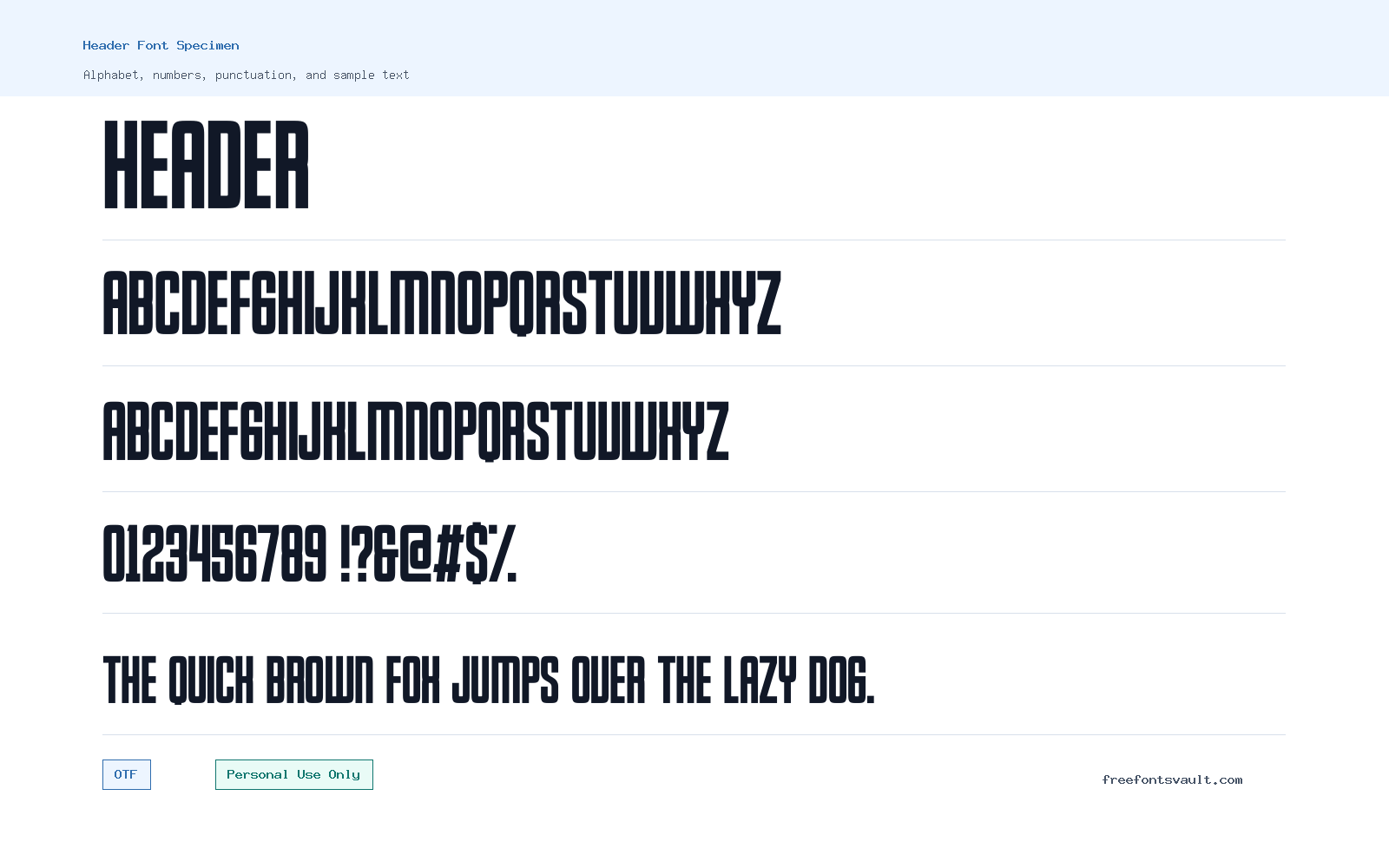 Header font specimen showing alphabet, numbers, and sample text