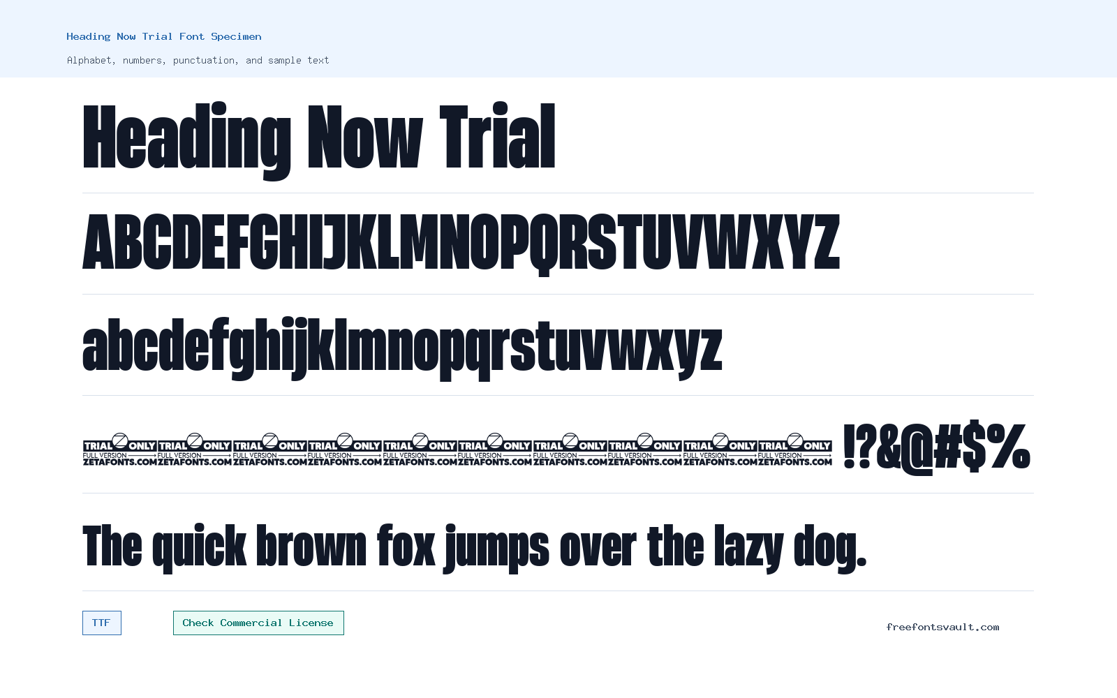 Heading Now Trial font specimen showing alphabet, numbers, and sample text
