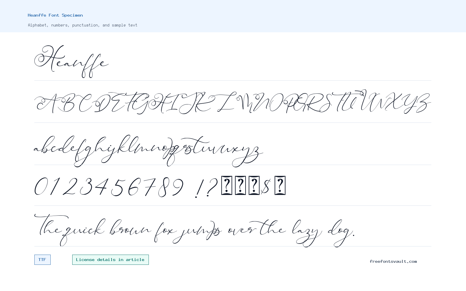 Heanffe font specimen showing alphabet, numbers, and sample text