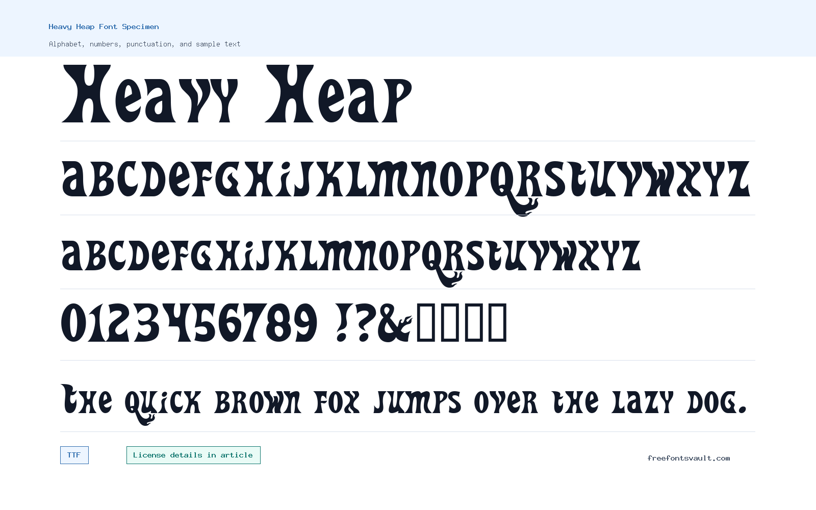 Heavy Heap font specimen showing alphabet, numbers, and sample text