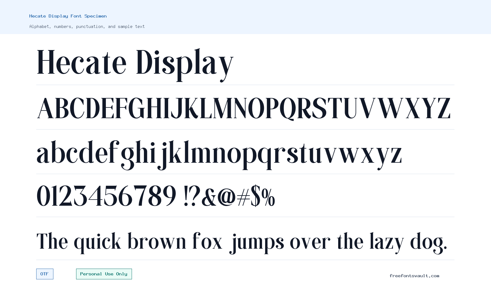 Hecate Display font specimen showing alphabet, numbers, and sample text