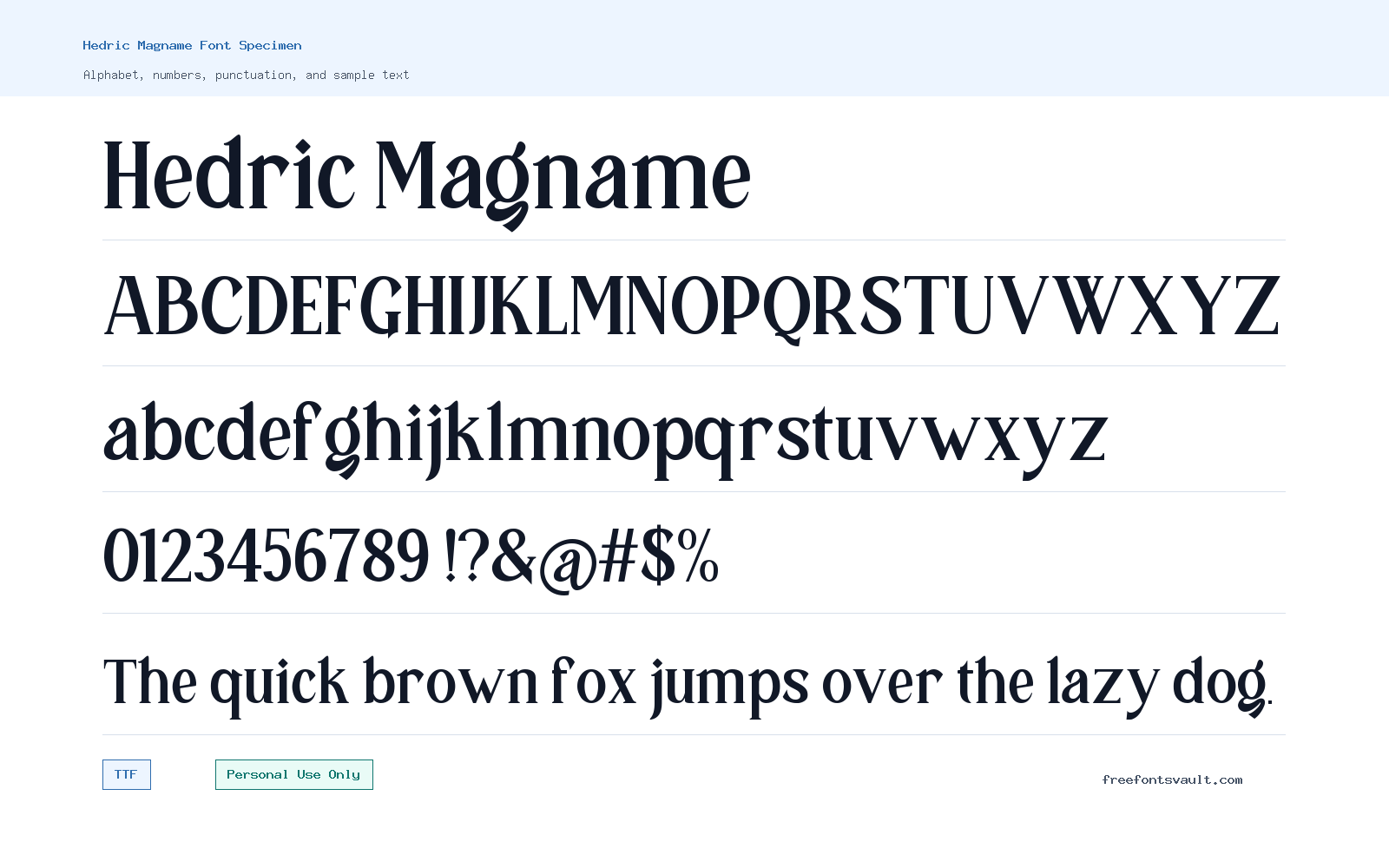 Hedric Magname font specimen showing alphabet, numbers, and sample text