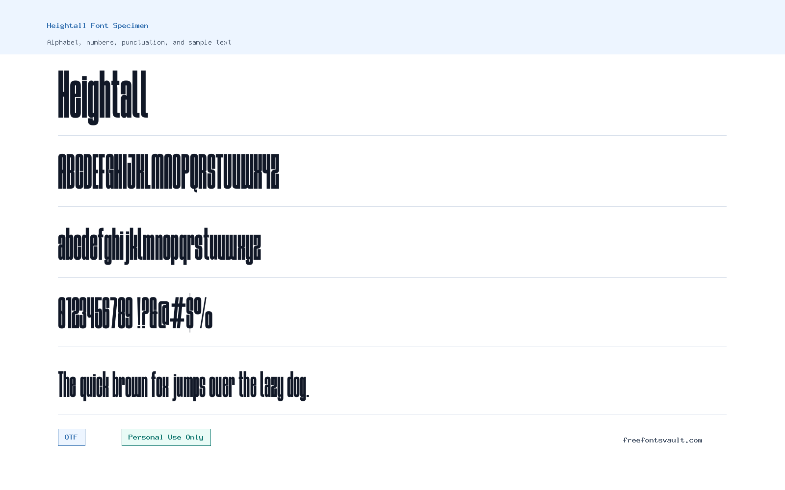Heightall font specimen showing alphabet, numbers, and sample text