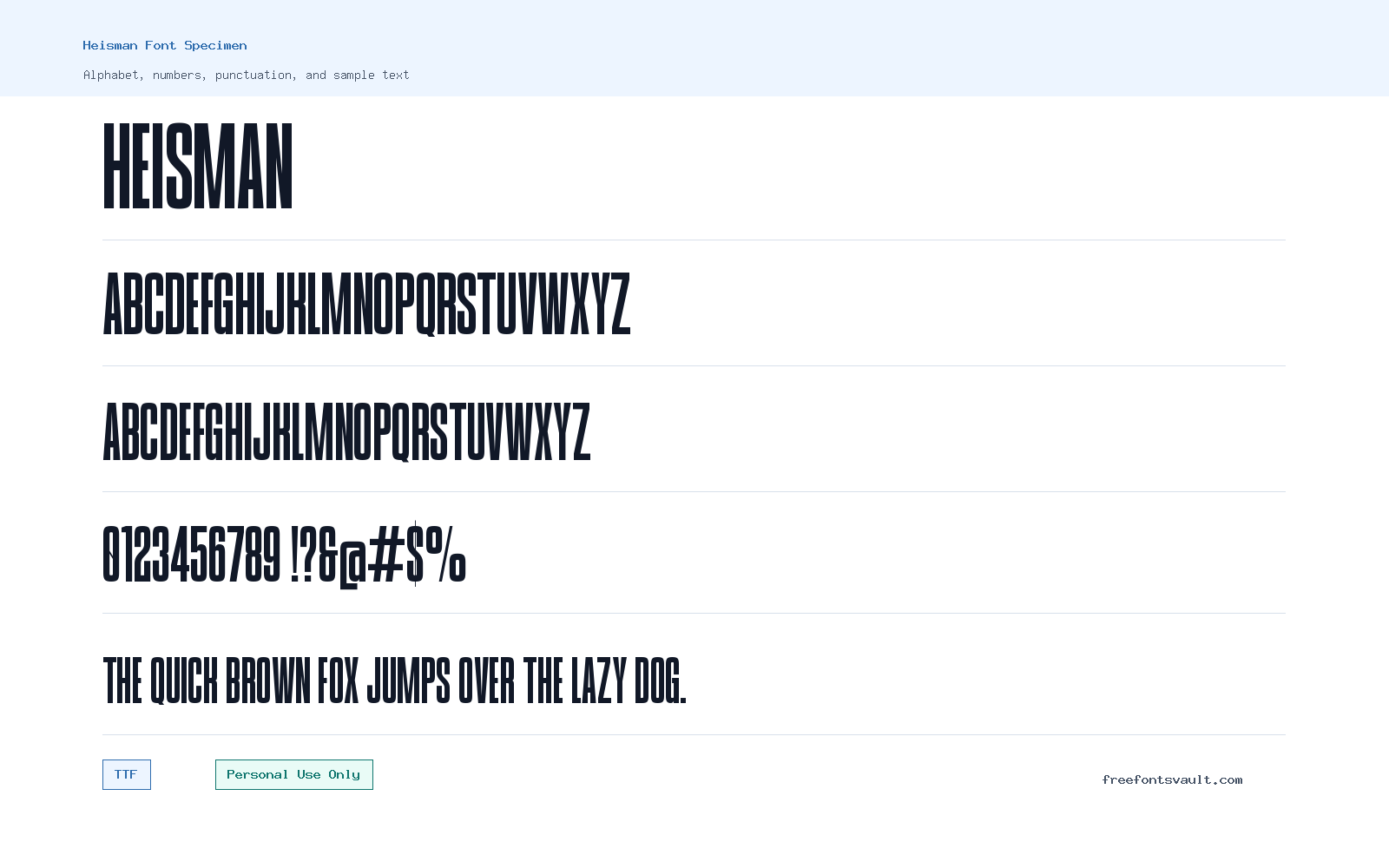 Heisman font specimen showing alphabet, numbers, and sample text