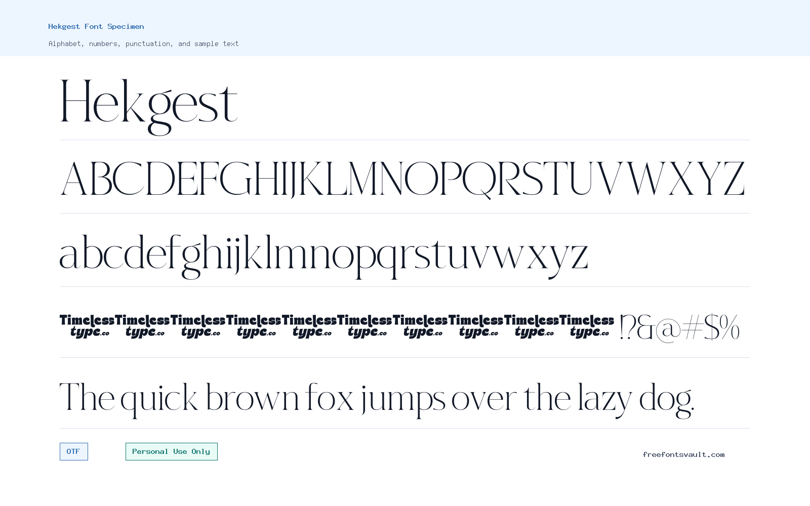 Hekgest font specimen showing alphabet, numbers, and sample text