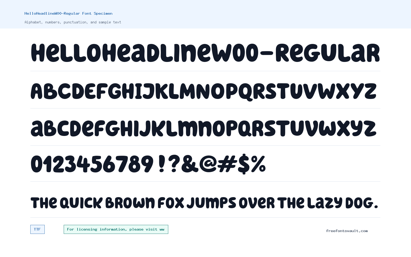HelloHeadlineW00-Regular font specimen showing alphabet, numbers, and sample text