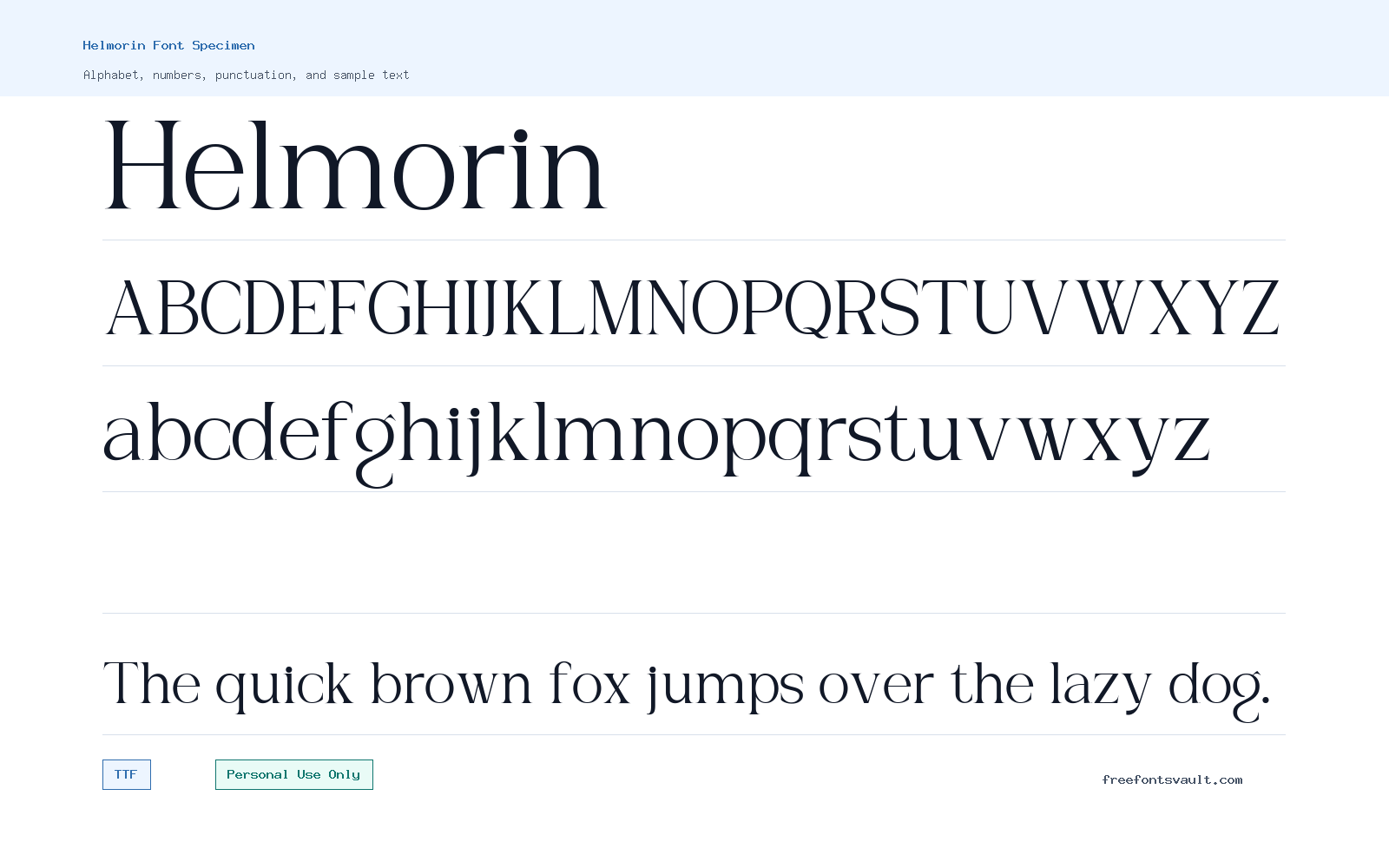 Helmorin font specimen showing alphabet, numbers, and sample text
