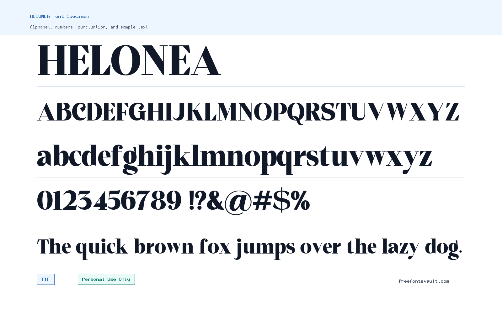 HELONEA font specimen showing alphabet, numbers, and sample text