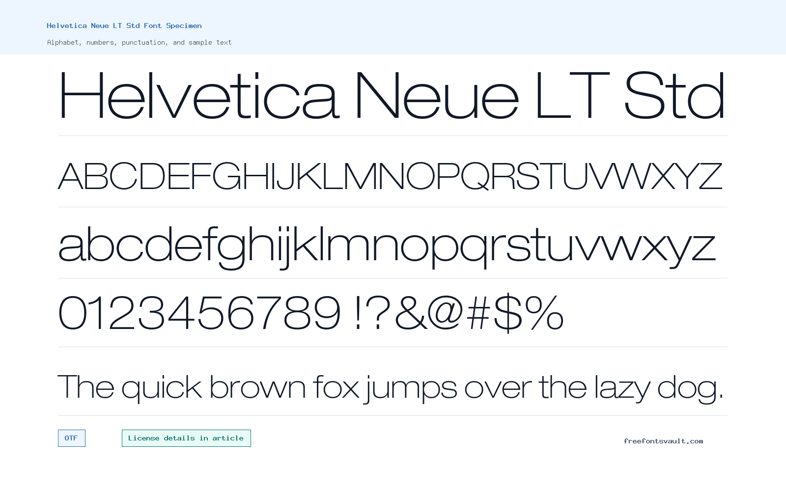 Helvetica Neue LT Std font specimen showing alphabet, numbers, and sample text