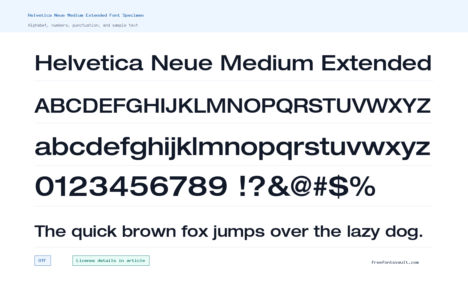 Helvetica Neue Medium Extended font specimen showing alphabet, numbers, and sample text