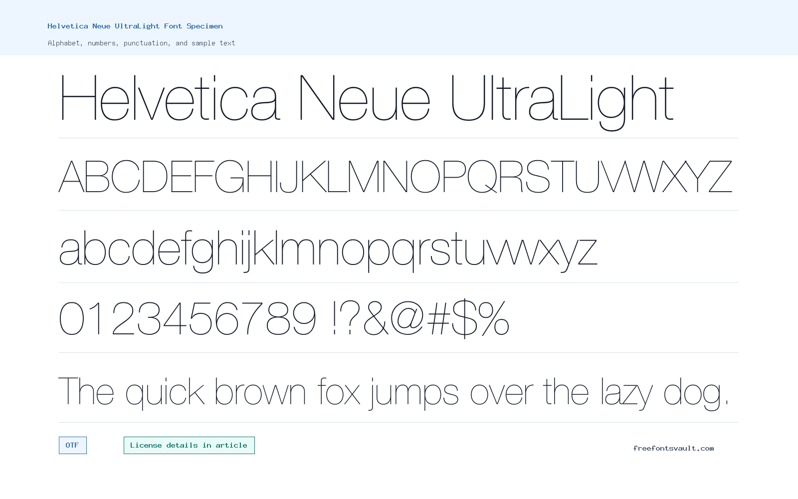 Helvetica Neue UltraLight font specimen showing alphabet, numbers, and sample text