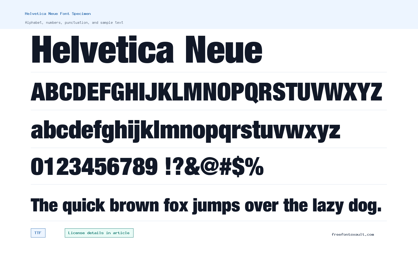 Helvetica Neue font specimen showing alphabet, numbers, and sample text