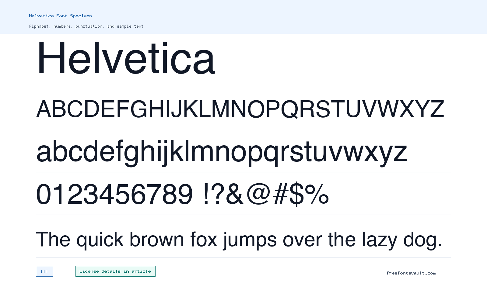 Helvetica font specimen showing alphabet, numbers, and sample text