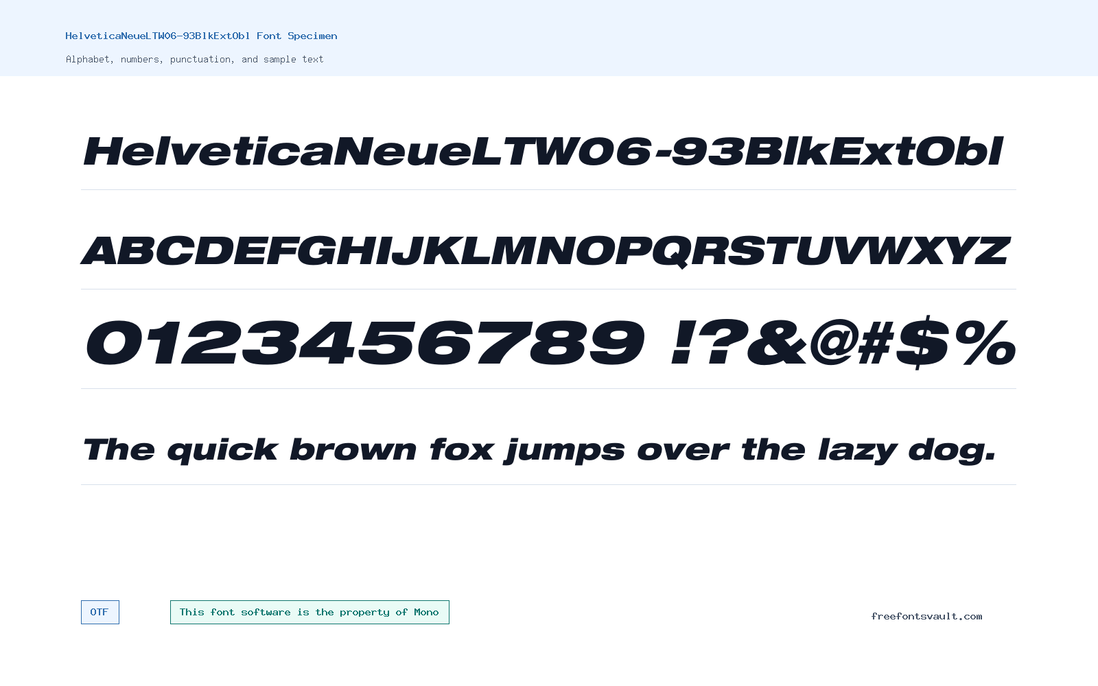 HelveticaNeueLTW06-93BlkExtObl font specimen showing alphabet, numbers, and sample text