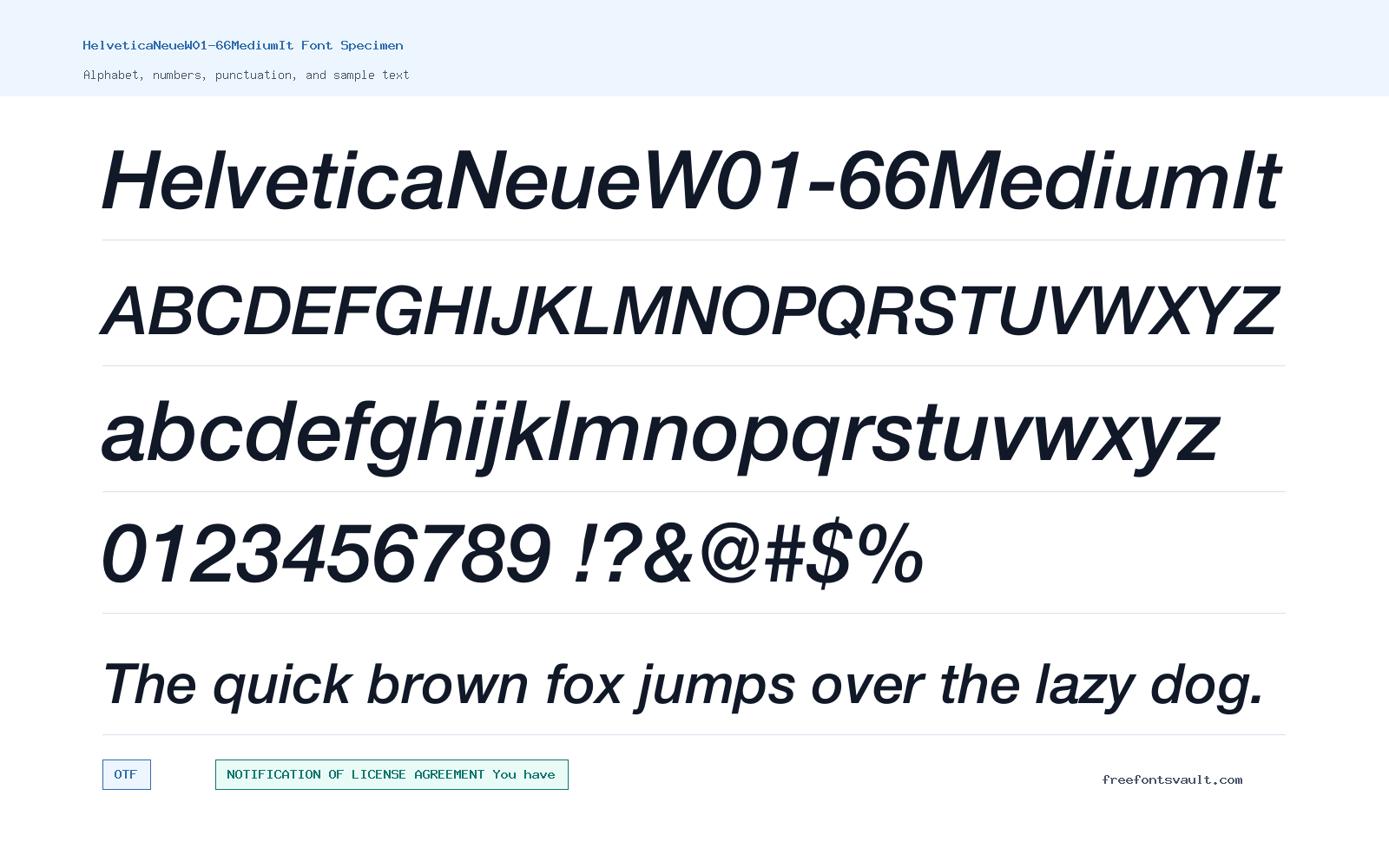 HelveticaNeueW01-66MediumIt font specimen showing alphabet, numbers, and sample text