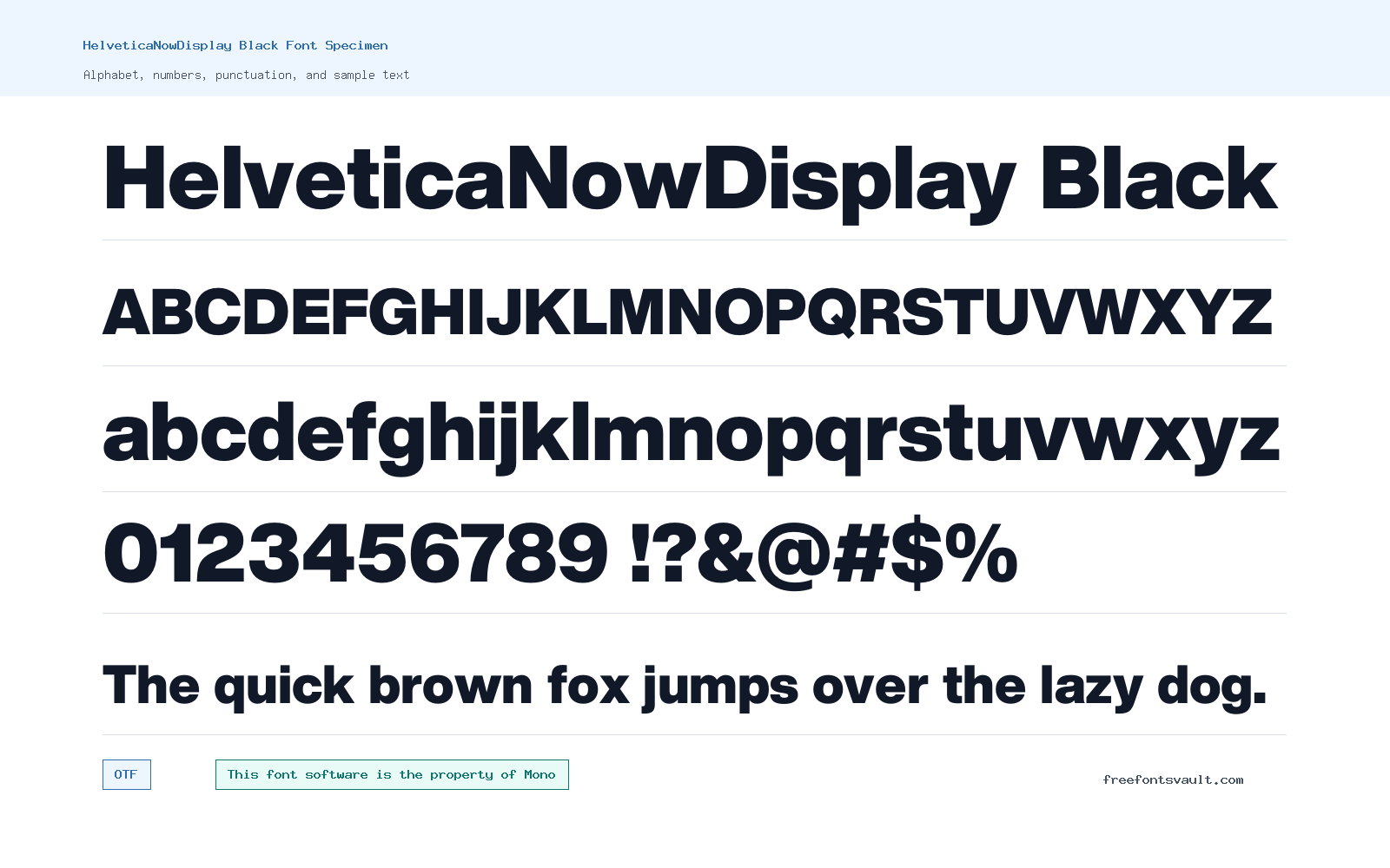 HelveticaNowDisplay Black font specimen showing alphabet, numbers, and sample text