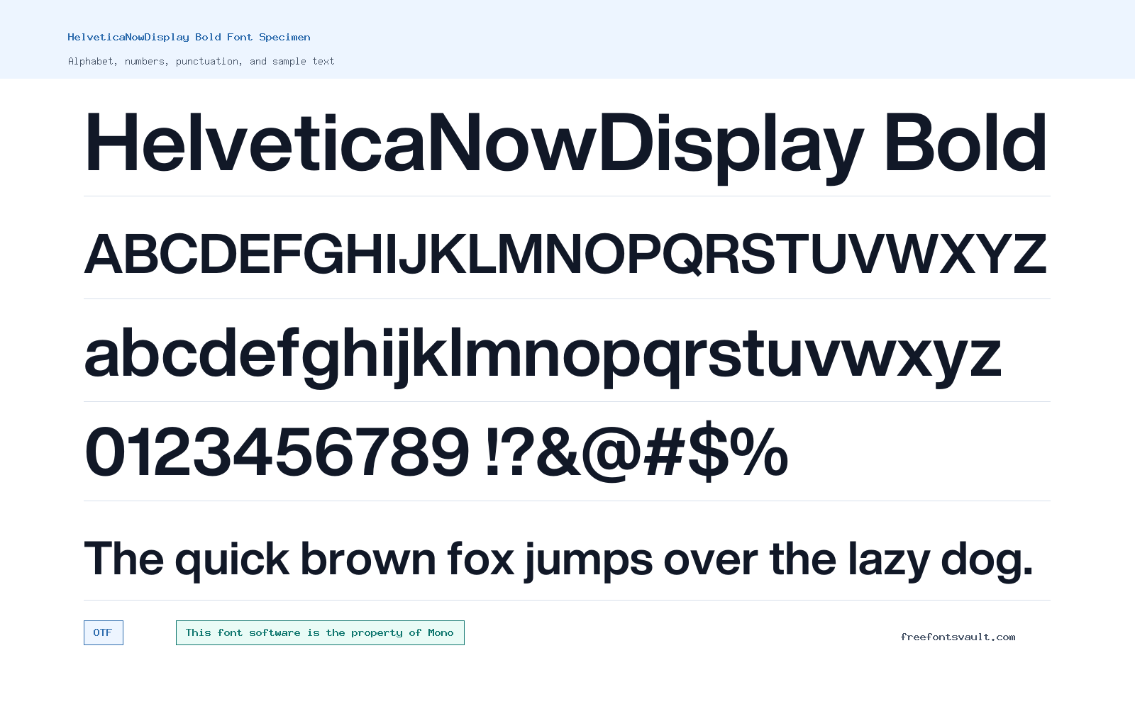 HelveticaNowDisplay Bold font specimen showing alphabet, numbers, and sample text