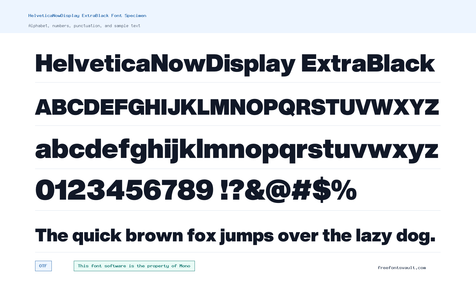 HelveticaNowDisplay ExtraBlack font specimen showing alphabet, numbers, and sample text