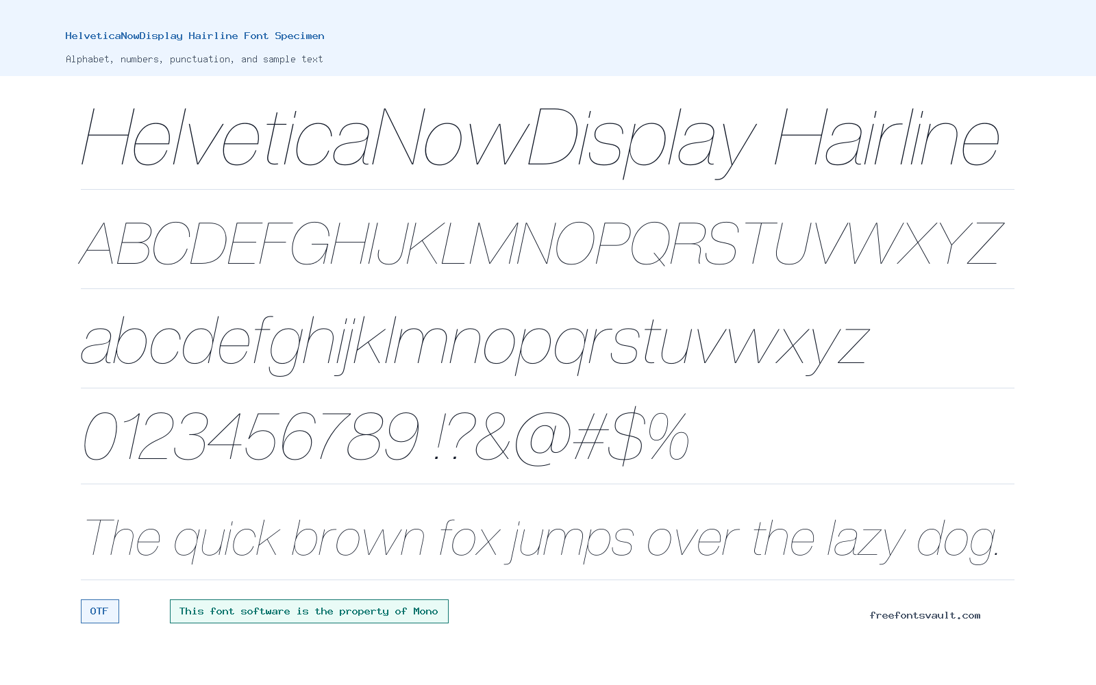 HelveticaNowDisplay Hairline font specimen showing alphabet, numbers, and sample text