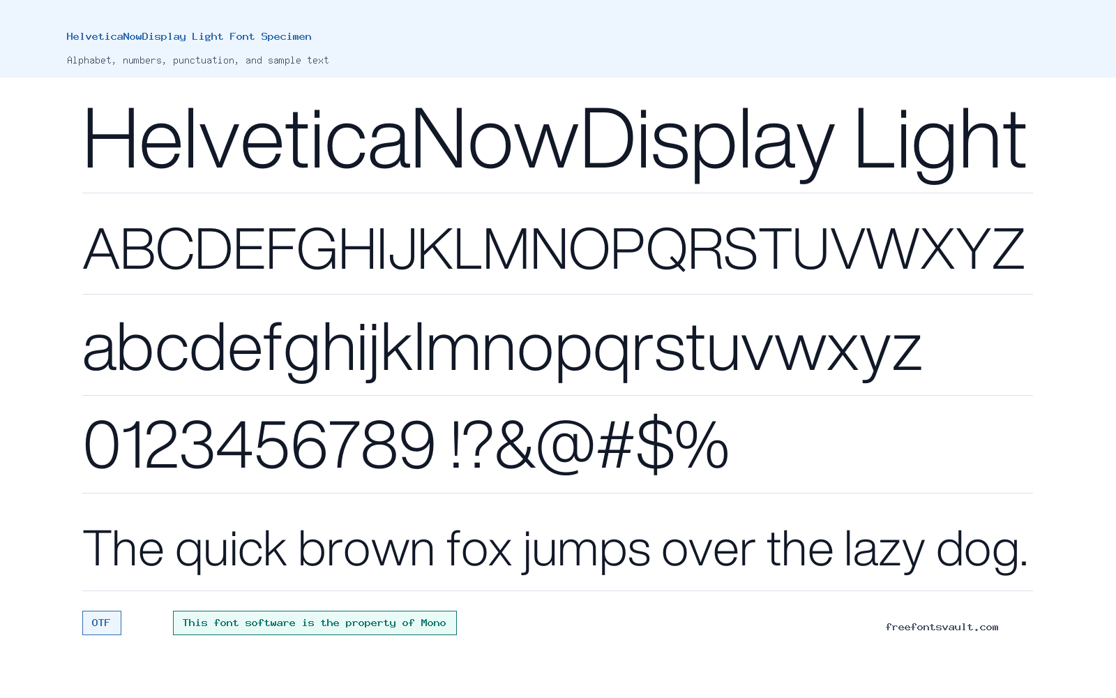 HelveticaNowDisplay Light font specimen showing alphabet, numbers, and sample text