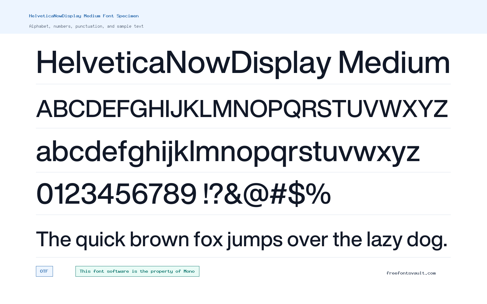 HelveticaNowDisplay Medium font specimen showing alphabet, numbers, and sample text