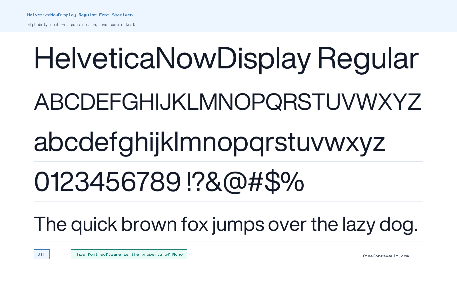 HelveticaNowDisplay Regular font specimen showing alphabet, numbers, and sample text