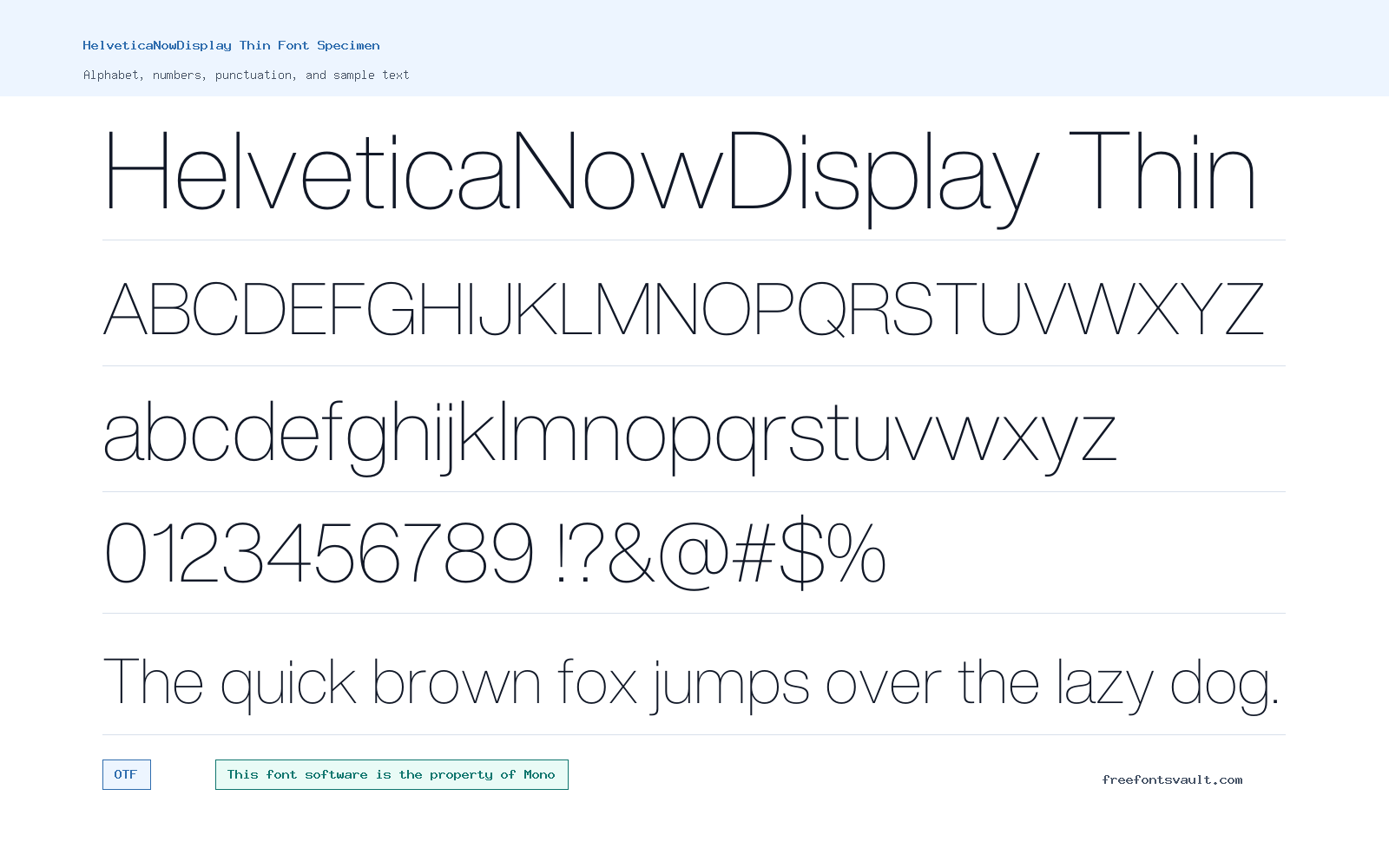 HelveticaNowDisplay Thin font specimen showing alphabet, numbers, and sample text