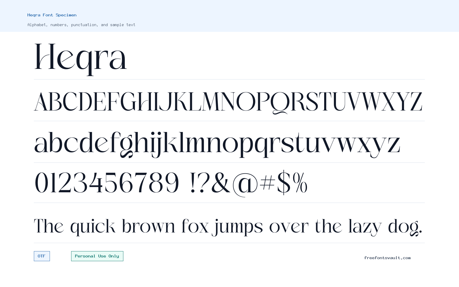 Heqra font specimen showing alphabet, numbers, and sample text