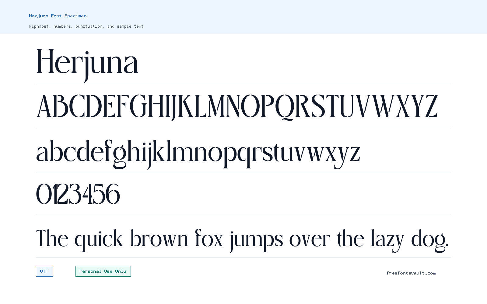 Herjuna font specimen showing alphabet, numbers, and sample text