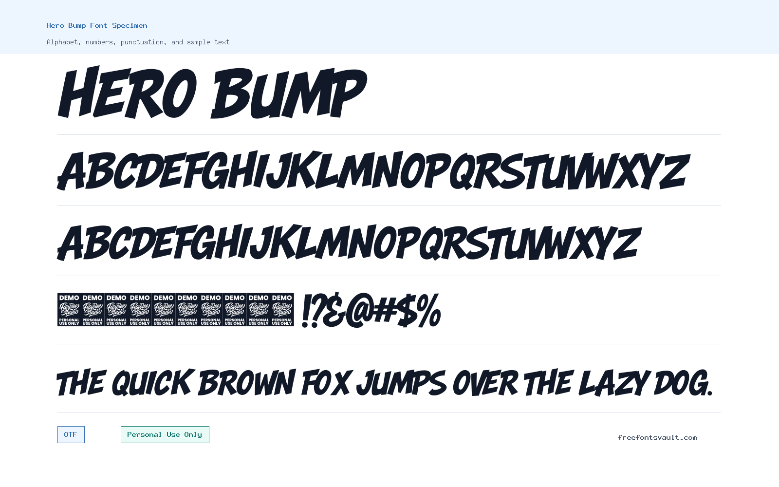 Hero Bump font specimen showing alphabet, numbers, and sample text