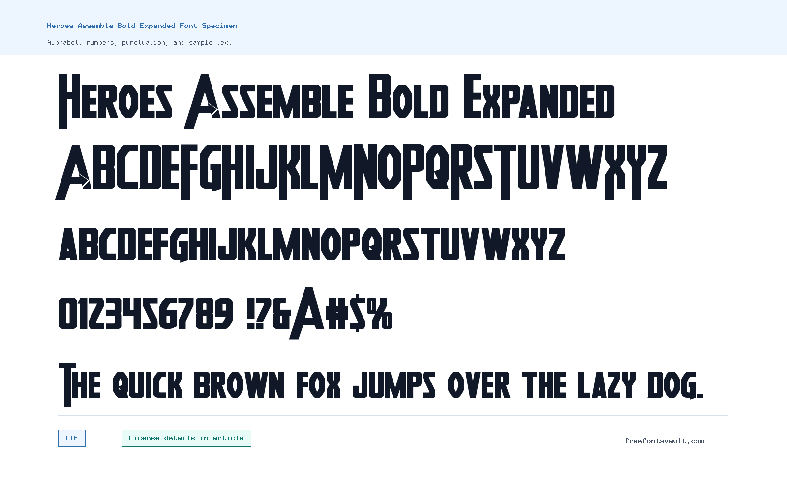 Heroes Assemble Bold Expanded font specimen showing alphabet, numbers, and sample text