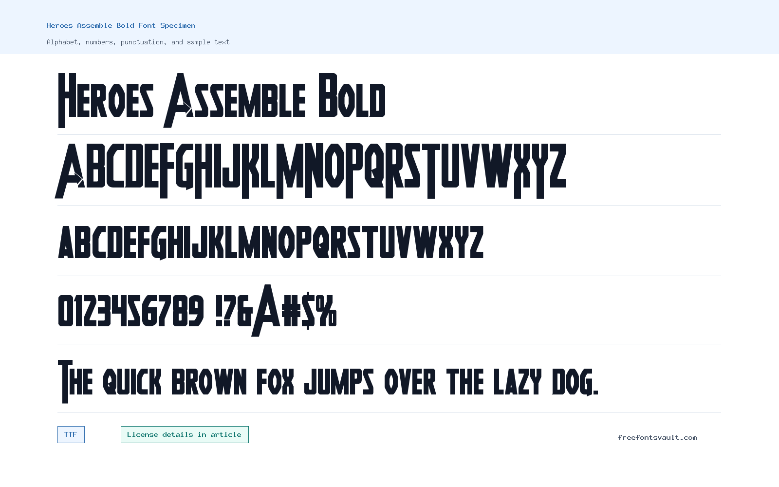 Heroes Assemble Bold font specimen showing alphabet, numbers, and sample text